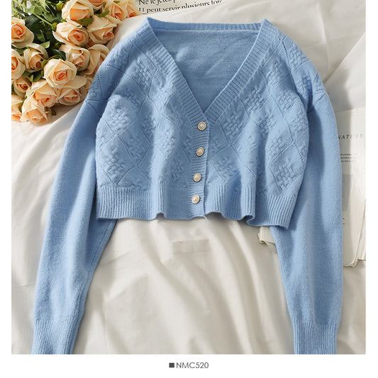 Pull cardigan court à simple boutonnage en tissu écossais coréen 1953