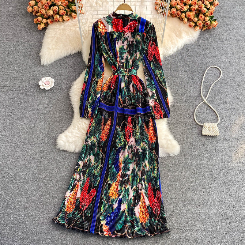 Robe plissée imprimée à col montant Temperament 3362
