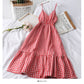 Plaid small Qingxin loose tight waist thin medium length dress  2682