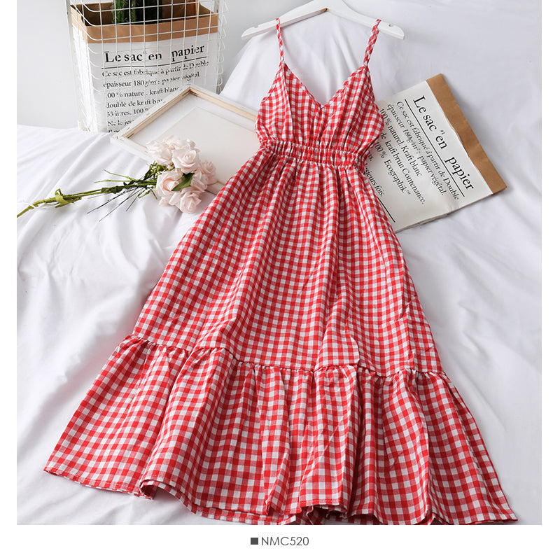 Plaid small Qingxin loose tight waist thin medium length dress  2682