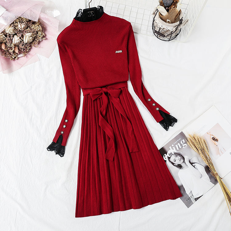New French retro backing slim lace neck sweater skirt  2362