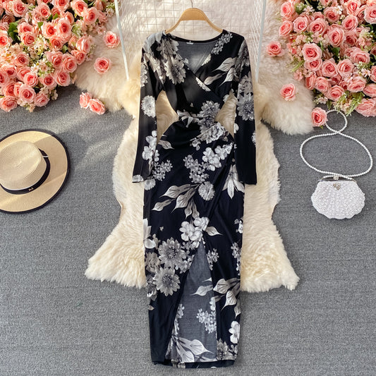 Temperament sexy split slim print V-neck wrap hip dress  2910