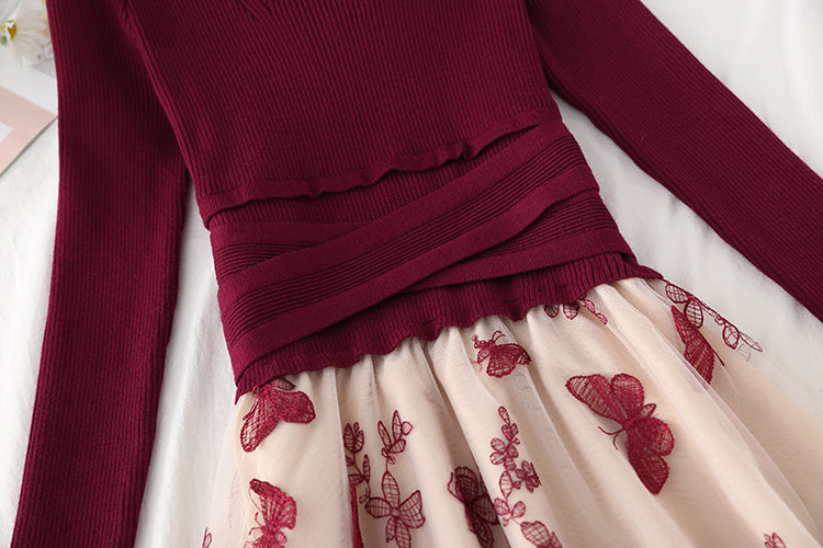 Red dress mesh embroidery stitching knit slim bottomed skirt  2169