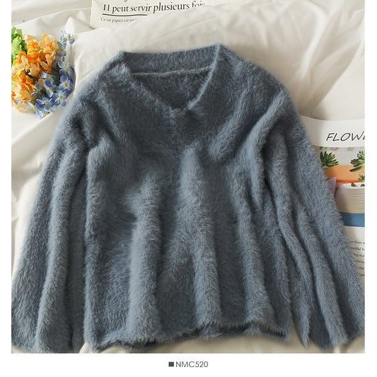 Pull ample et fin à col en V en peluche, haut polyvalent à manches longues coréen 1995