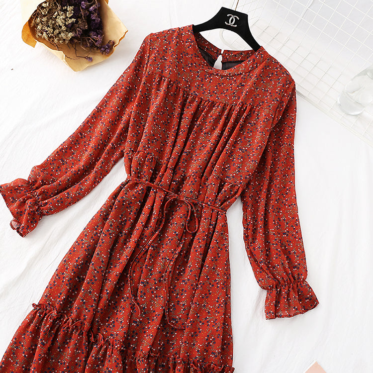 The new French retro floral bottomed long skirt is over the knee  2364