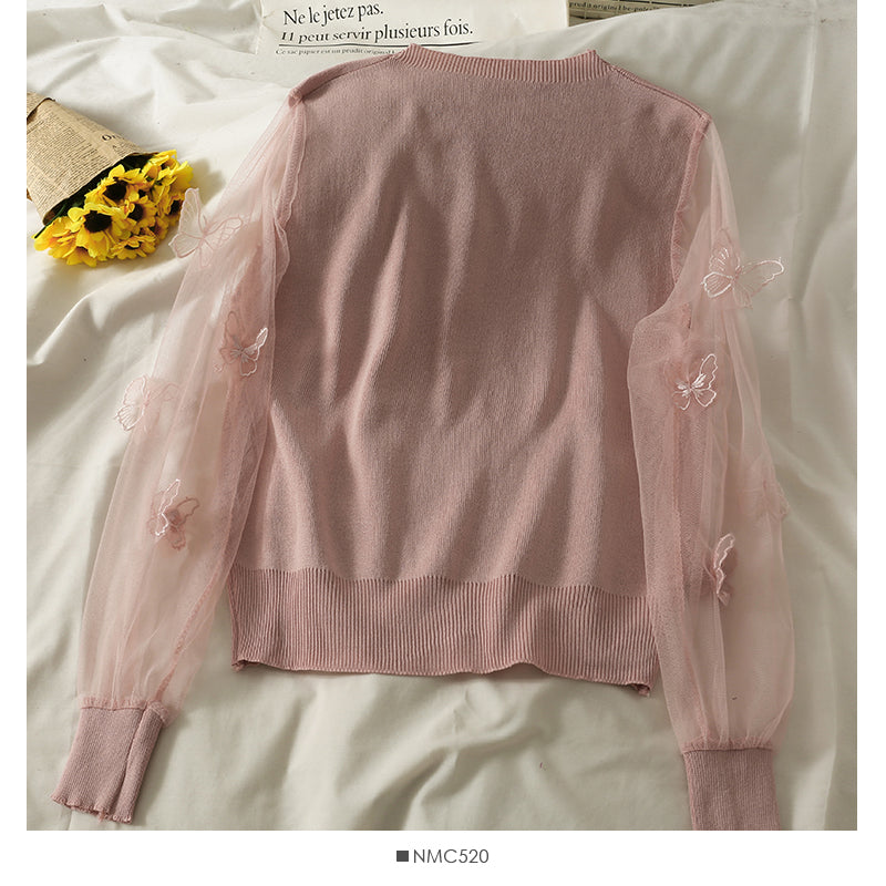 Pull à manches longues en maille cousue en trois dimensions avec motif papillon pour femme 2049