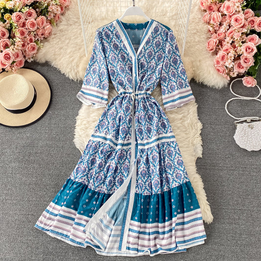 Single breasted V-neck dress large floral long skirt  2969