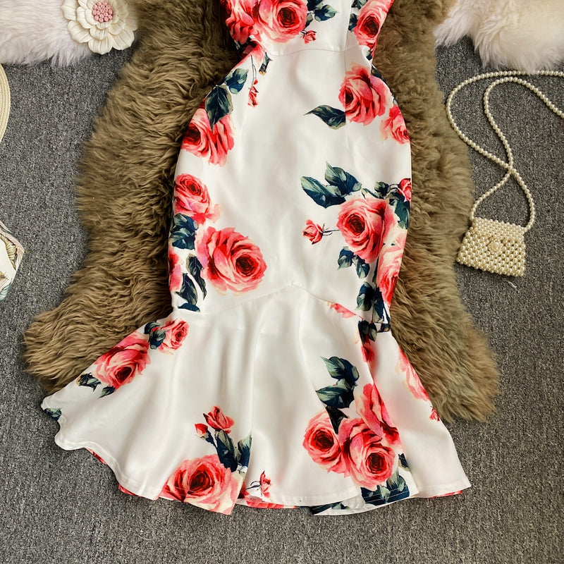 Robe mi-longue sexy sans bretelles à volants et imprimé slim 3031