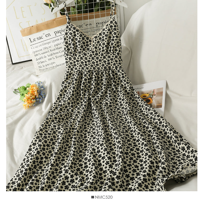 Retro floral waist slim high waist open back suspender skirt  2698