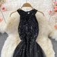 Robe sexy en maille patchwork à épaules dénudées et sequins 2908