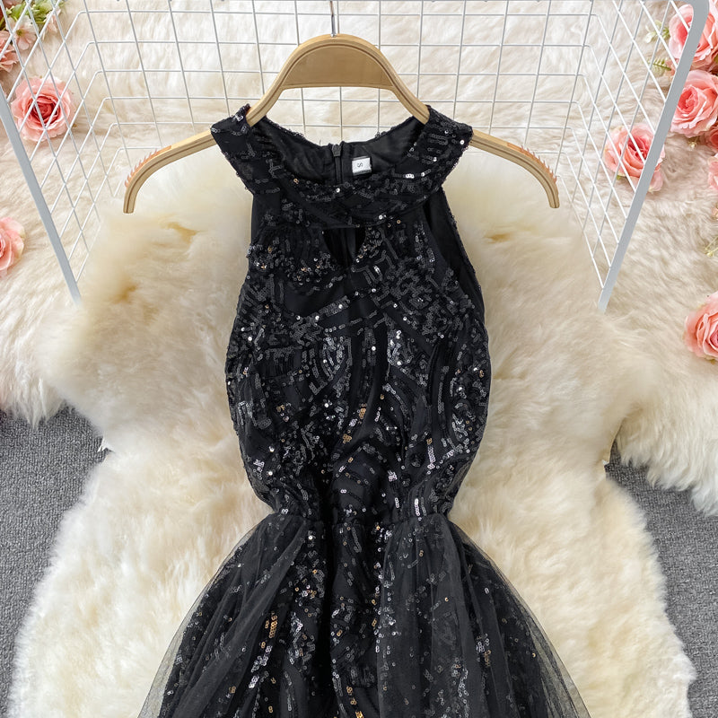 Robe sexy en maille patchwork à épaules dénudées et sequins 2908