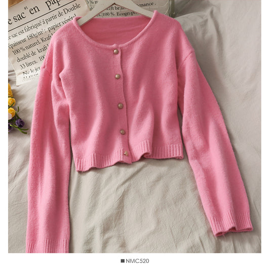 Cardigan à manches longues simple et polyvalent de style doux, pull de couleur unie pour femme 1909