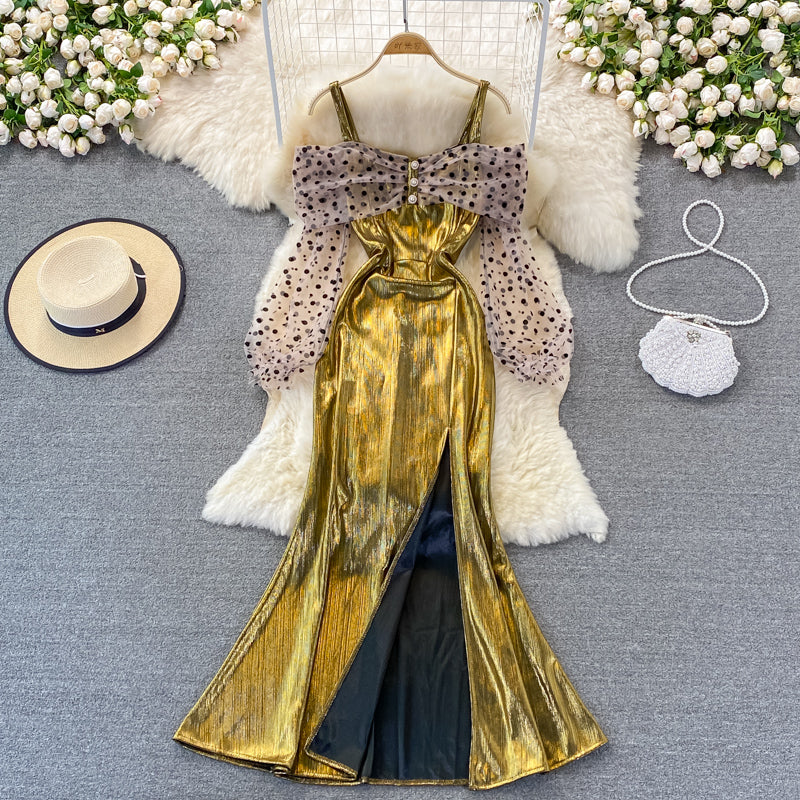 Metallic mosaic dot mesh suspender dress dress dress  3268