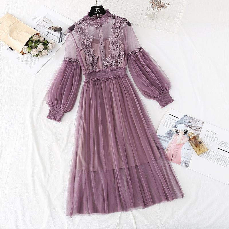 French retro skirt autumn mesh suspender skirt set  2132
