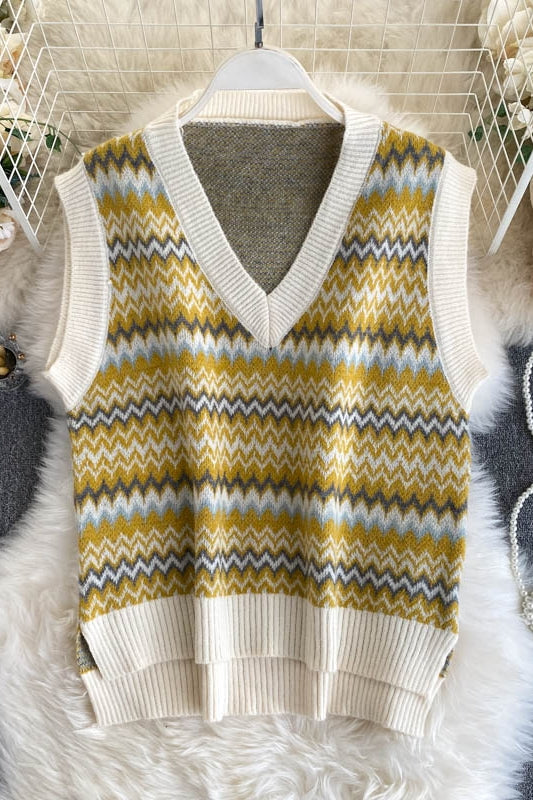 Pull vintage coréen féminin col en V coupe slim pull court haut gilet 1573