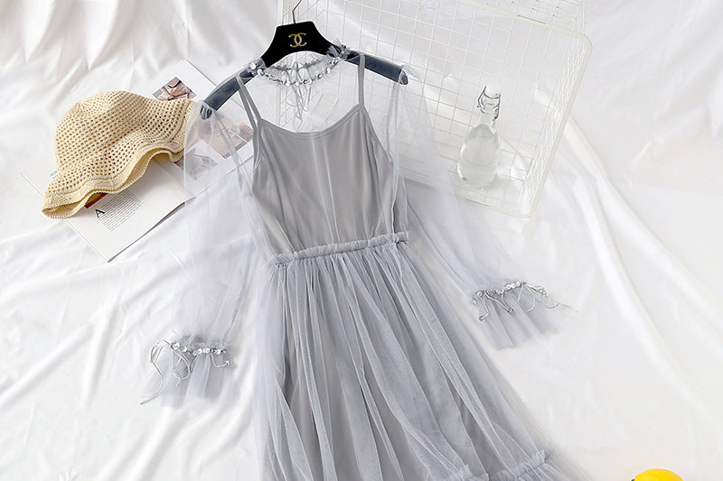 Mesh dress French elegant Sequin beaded lace up bottom skirt  2456