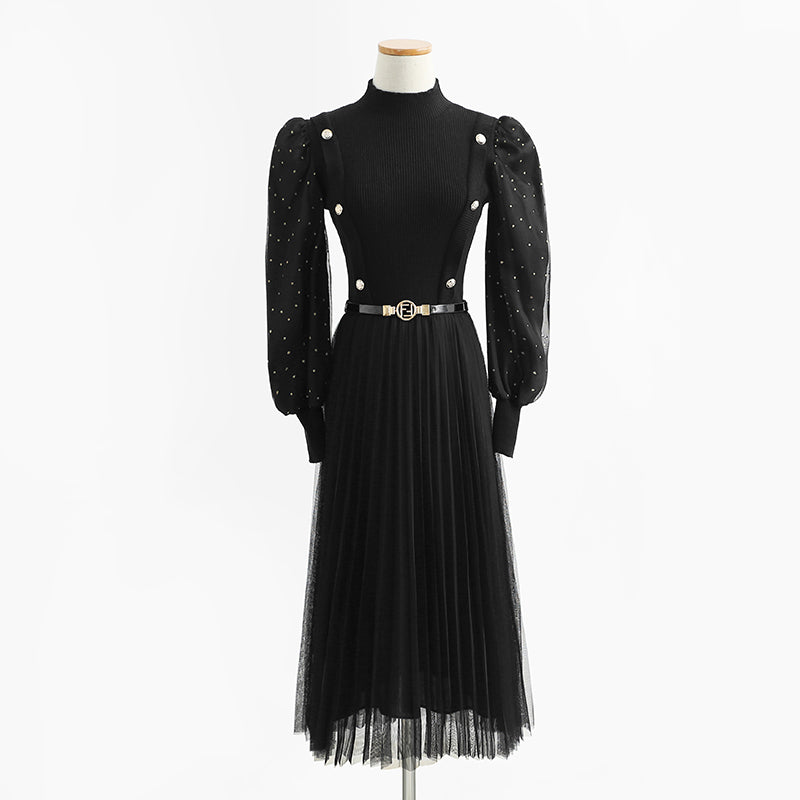 New mid length skirt fairy mesh stitching temperament small black skirt  2200