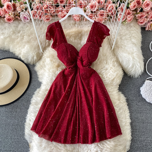 Sexy slim Sequin low cut V-neck A-line dress  2769