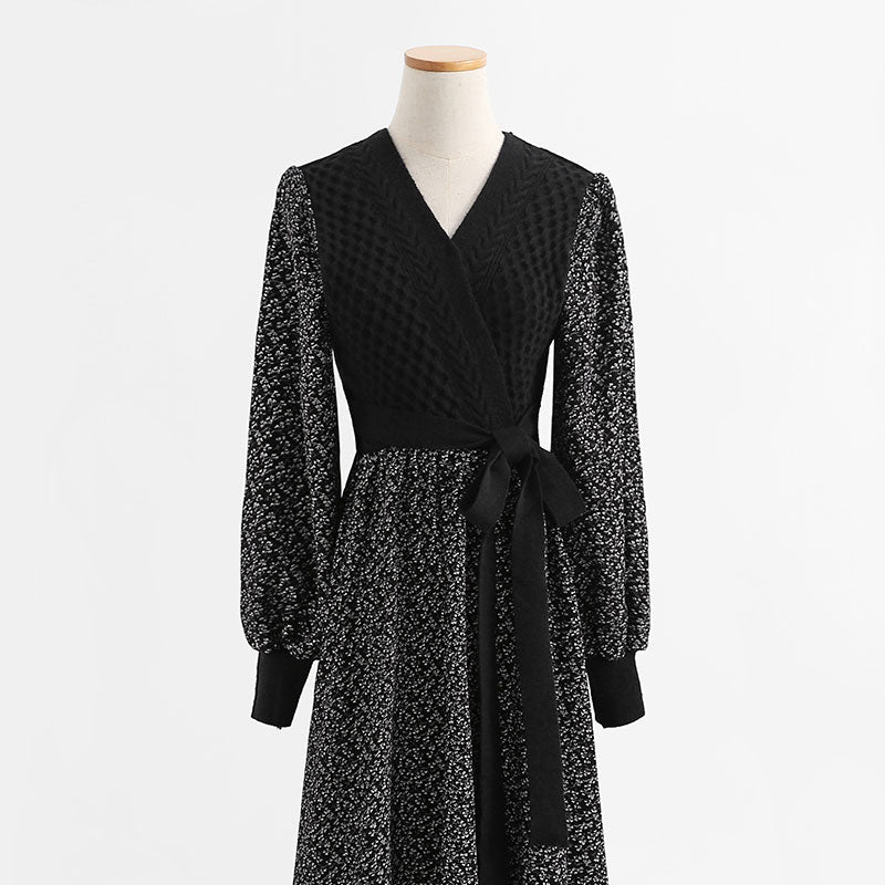 Long sleeved floral wool dress, thin and bottomed skirt  2215