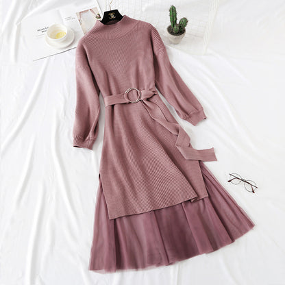 Knitted dress, women's French retro skirt, fashion suit, waist closing, thin temperament  2291
