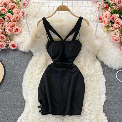 Hanging neck, open shoulder, cross tight, hollow out, waist and hip dress  2825