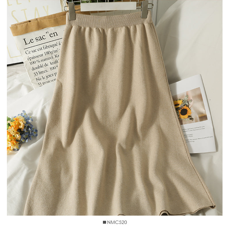 Hong Kong style retro elastic waist thin medium length skirt  2606