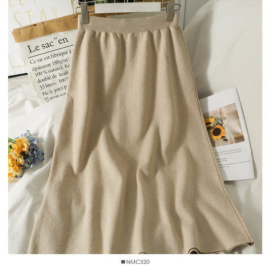 Hong Kong style retro elastic waist thin medium length skirt  2606