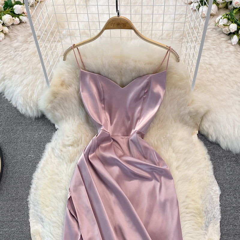 Robe à bretelles à col en V, mode mi-longue fendue, sac banane 3129