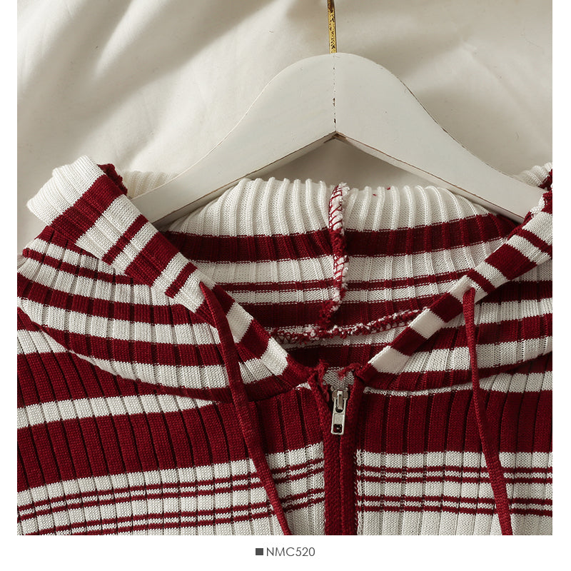 Cardigan à capuche avec cordon de serrage et fermeture éclair pour femme, pull fin à rayures coréennes, 2015