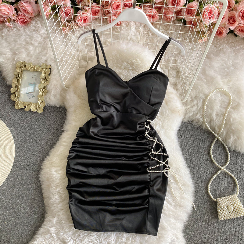 Jupe à bretelles sexy dos nu Robe moulante plissée en satin 2817