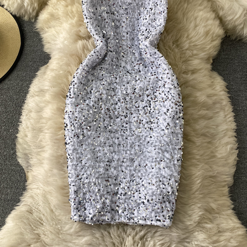 French Hepburn temperament Sequin Hip Wrap Dress  2752