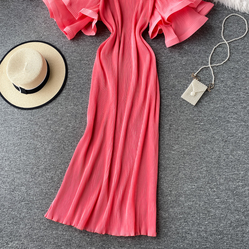 Ruffled large flared sleeve Pleated Dress  2758