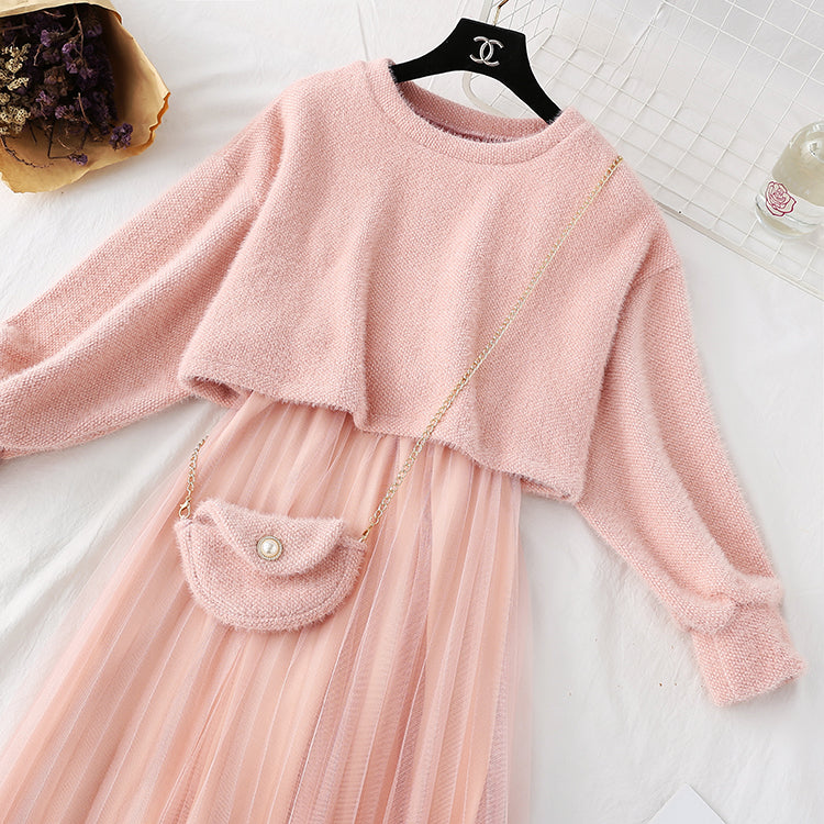 Woolen suit long skirt two-piece sling mesh with bottom dress  2154