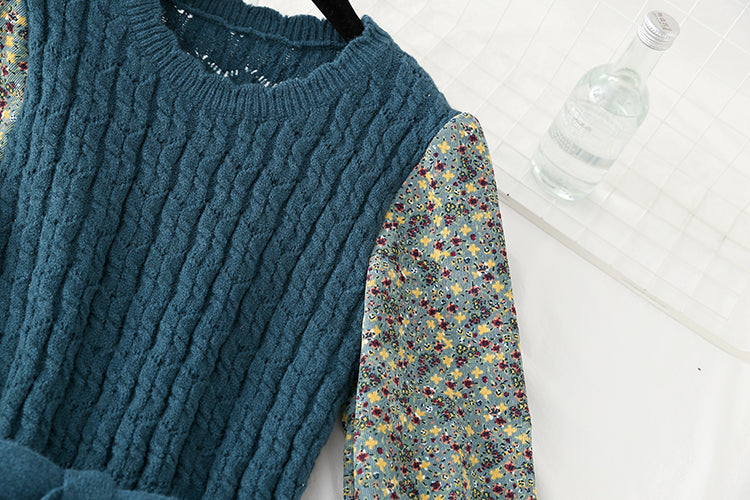 Floral dress new style stitching shows thin temperament slim fit with a bottomed sweater  2136