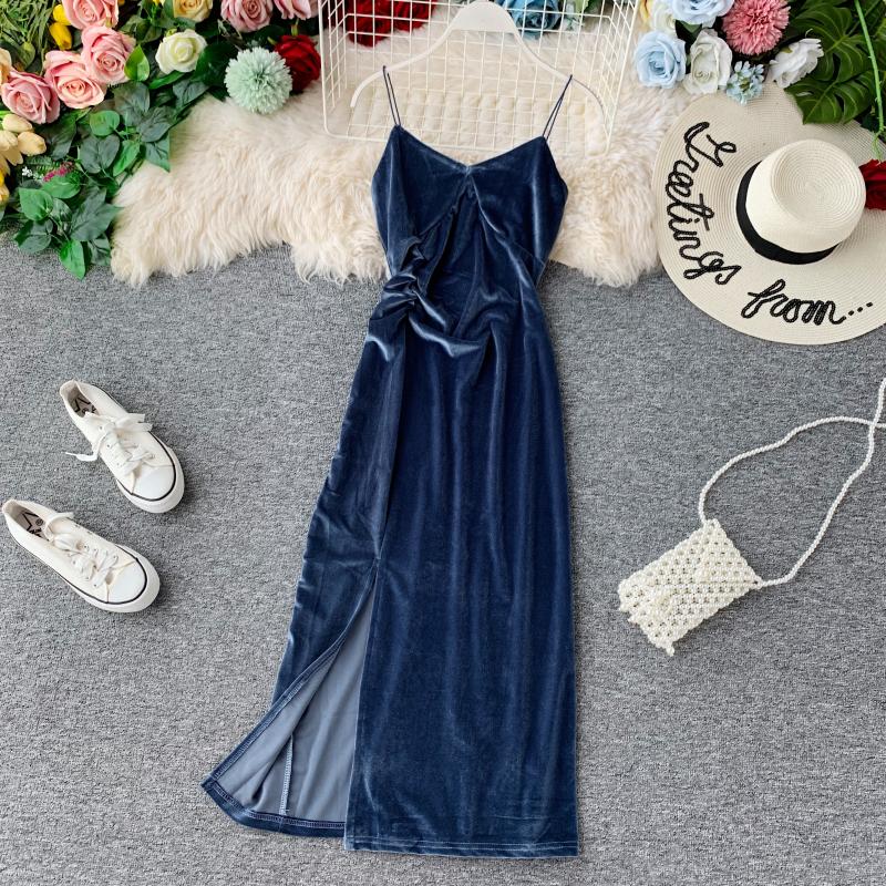 Sexy velvet dress women's slim V-neck suspender skirt  2713
