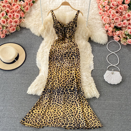 Leopard pleated waist slim split buttock dress  2757