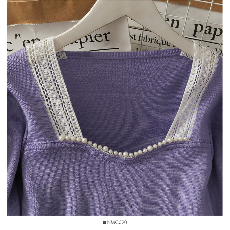 Vent doux taro Dentelle violette couture clou perle col carré tricot 1910