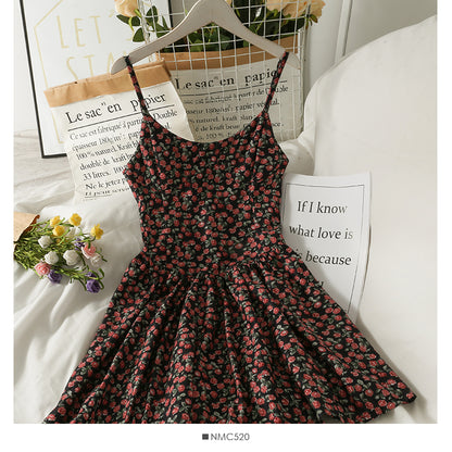 Retro broken flowers show thin waist, high waist suspender skirt, female  2692