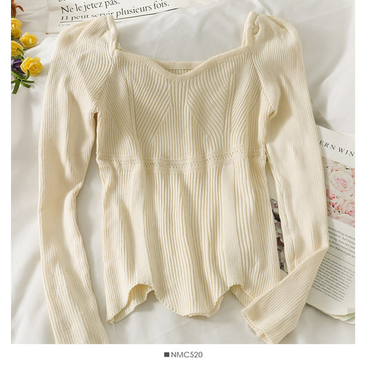 Pull à manches longues irrégulier et moulant de style étranger, clavicule exposée à l'épaule droite pour femme, polyvalent 1938