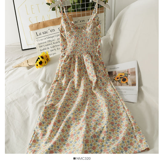 Sweet little fresh broken flower high waist medium length beautiful back suspender skirt  2695
