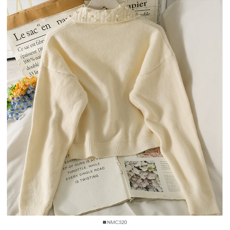 Pull cardigan slim à simple boutonnage avec revers perlés 2034