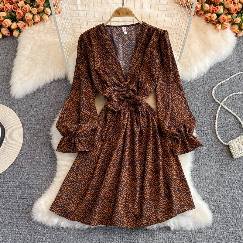 V-neck bubble sleeve small leopard print dress  3128