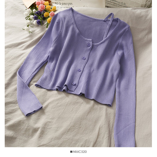 Nouveau pull à bretelles à col rond et clavicule exposée de couleur bonbon pour femme 1908