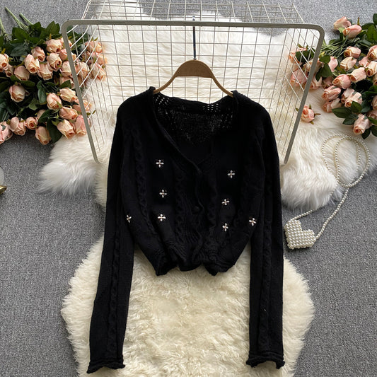 Cardigan en tricot fin à col en V de style étranger pour femme 1614
