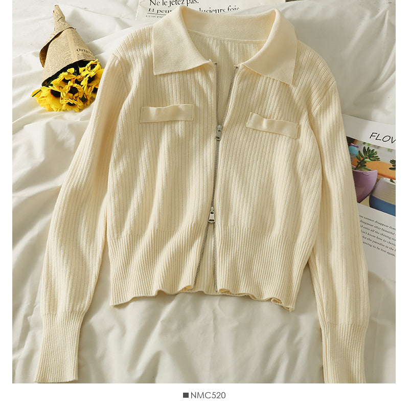 Cardigan zippé à revers et manches longues à rayures verticales 1830