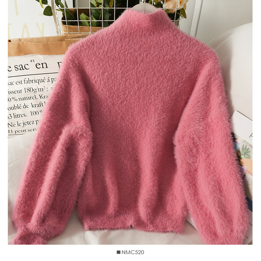 Pull femme en peluche col haut coupe slim couleur unie polyvalent haut à manches longues 1764