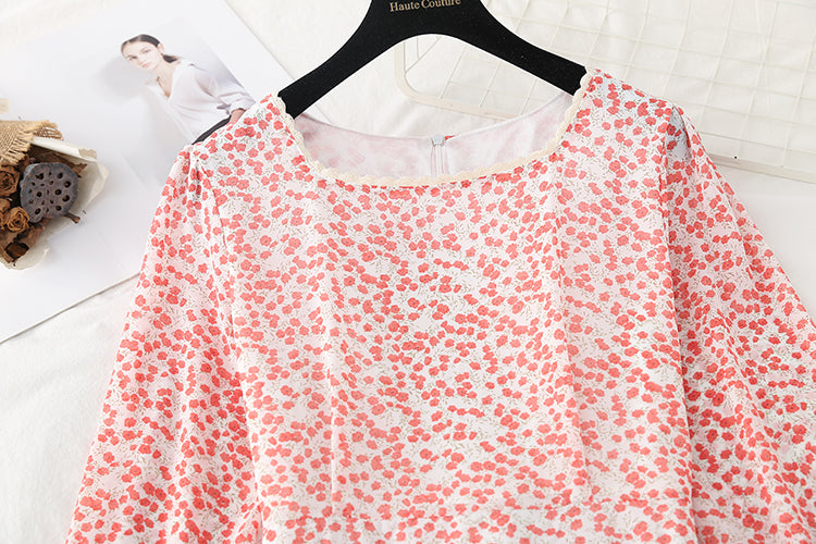 Small fresh long sleeve square neck thin Floral Chiffon Dress  2419