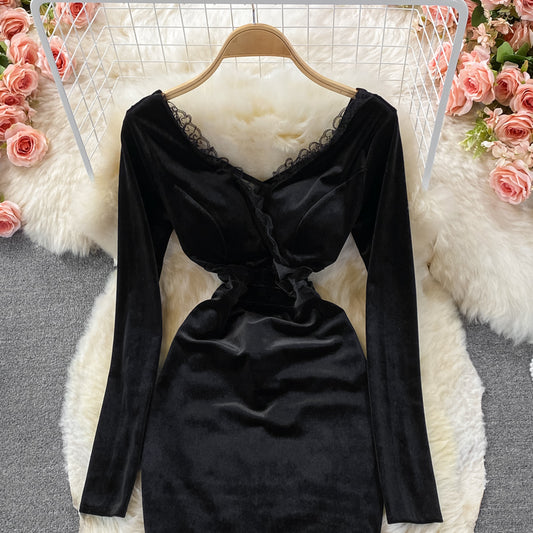 Sexy deep V-neck lace stitched velvet dress  3102
