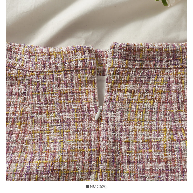 Jupe portefeuille taille haute en tweed à carreaux rétro de style Hong Kong pour femme 2539