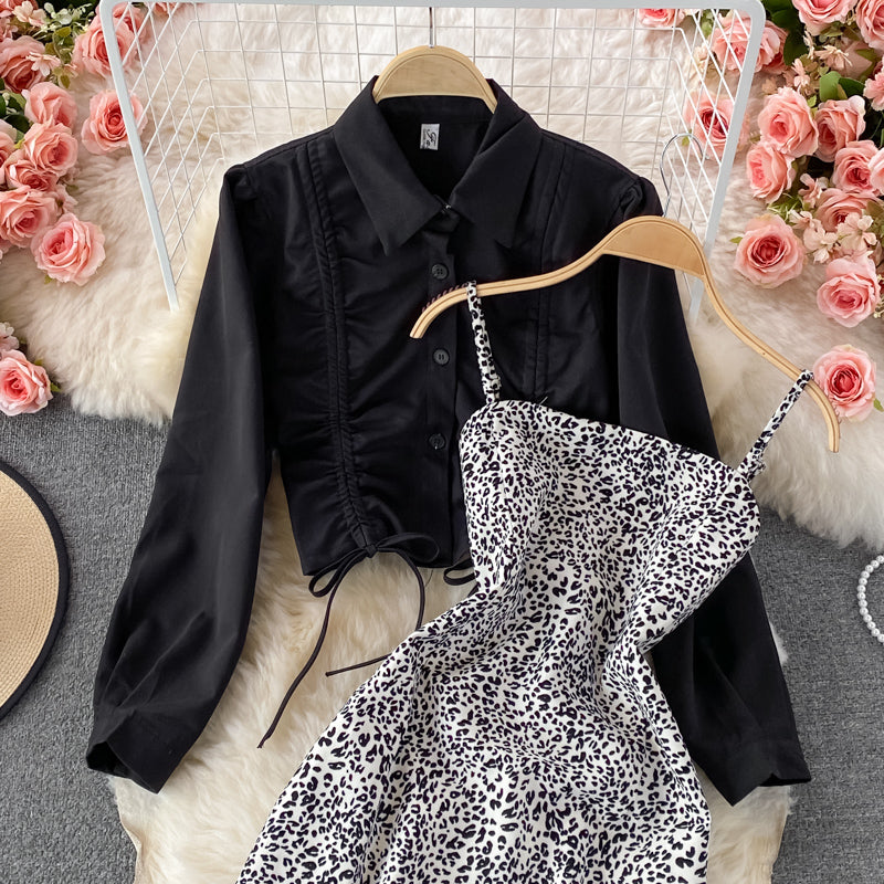 Ensemble deux pièces robe à bretelles léopard slim femme 3243